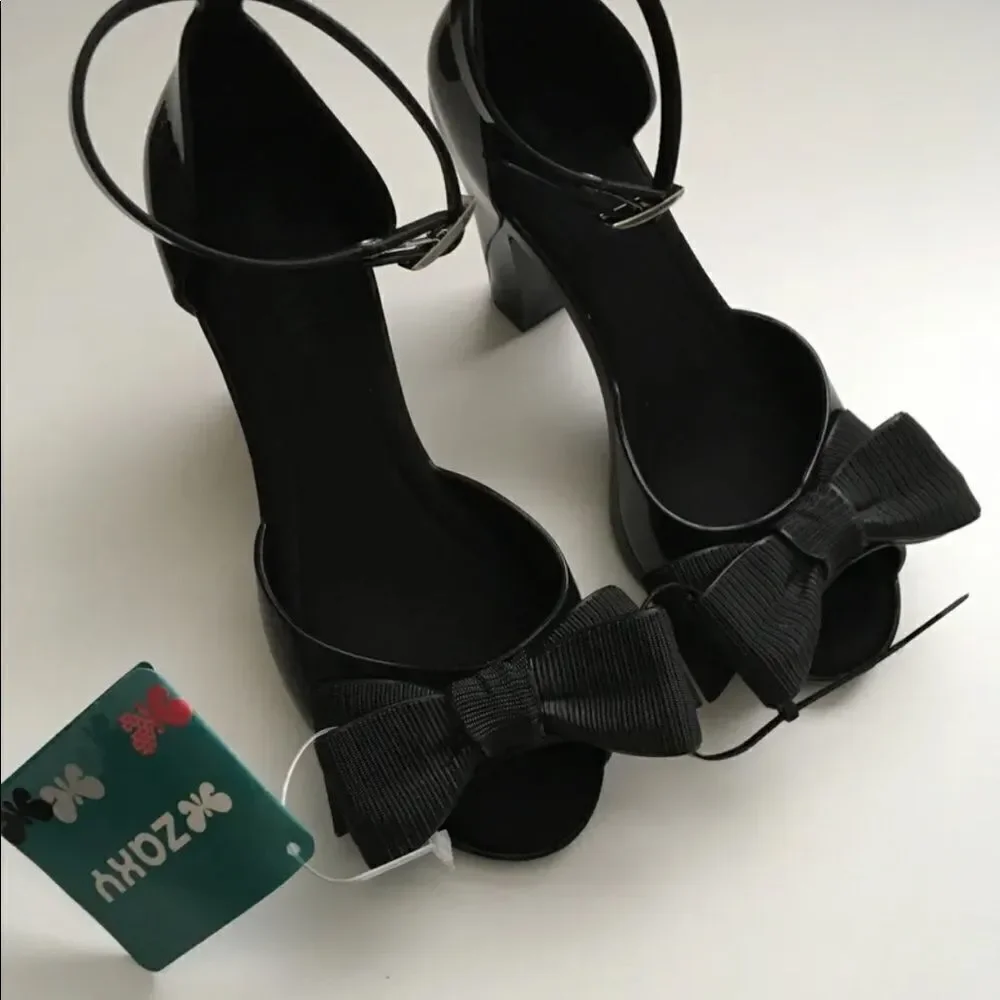 Zaxy Diva Top II Black Bow Heels Sandals Size 5 (Fits 6) Made in Brazil NWT